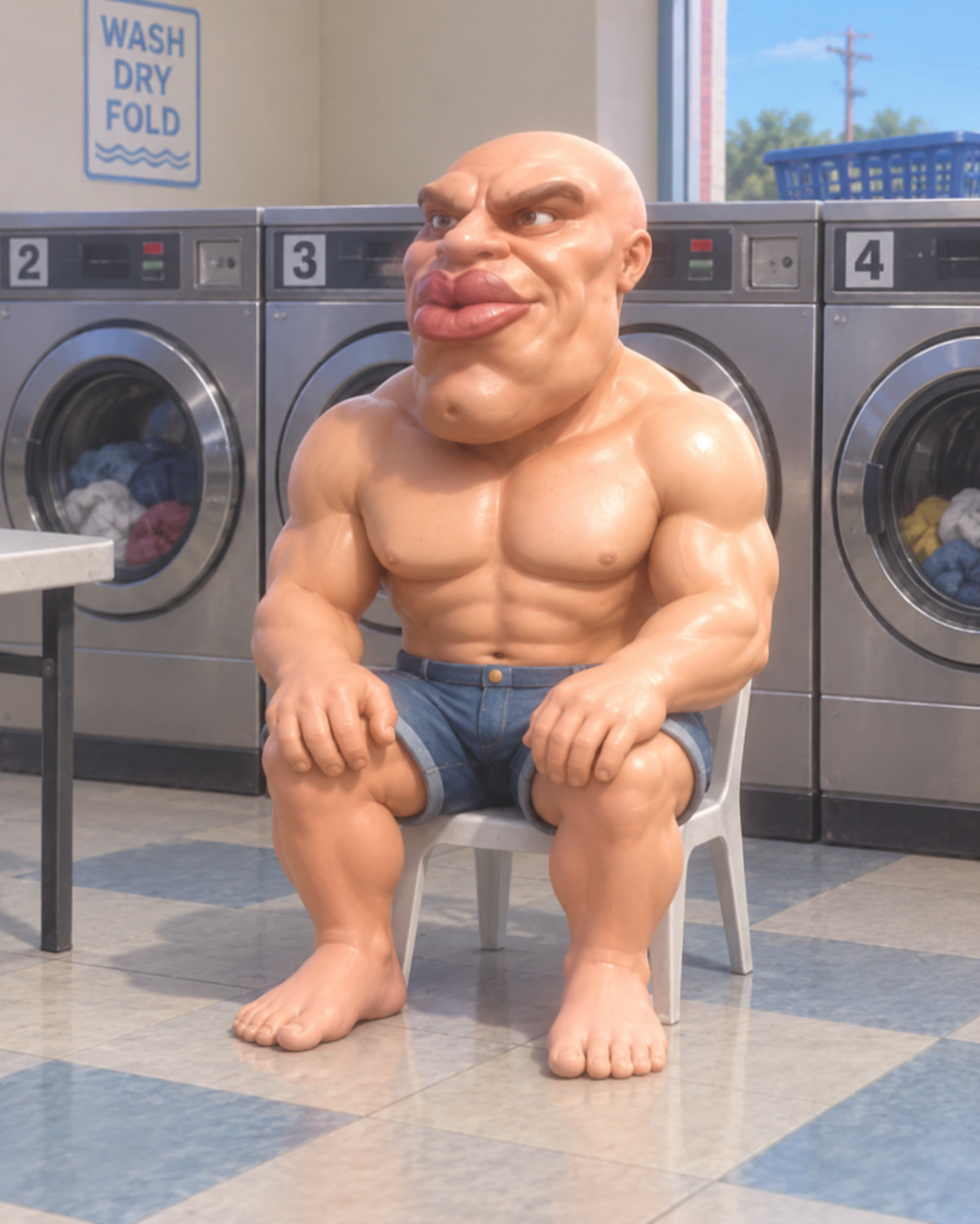 HIM sitting in a laundromat